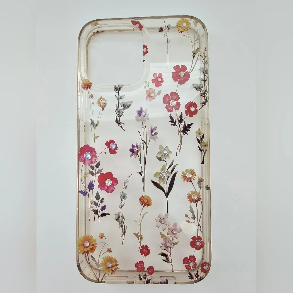 iPhone 13 Clear Floral Case - Wildflower Print with Crystal Accents